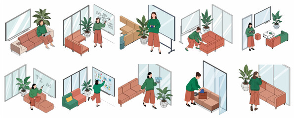 Fototapeta premium Diverse Isometric Scenes of People Interacting Within Modern Office Breakout Spaces and Meeting Room Arrangements