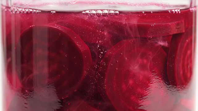 Red Beet Slices Submerged in Brine for Fermentation Process in Glass Jar Displayed Against Clean White Background in