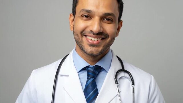 Smiling male doctor holding blue clipboard in studio