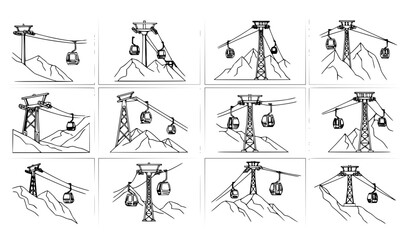 Cable Car Icon Set with Mountain Gondola Lift Systems and Ski Resort Transport Designs for Winter Tourism, Alpine Travel, and Outdoor Adventure Concepts © MDSOBUJ