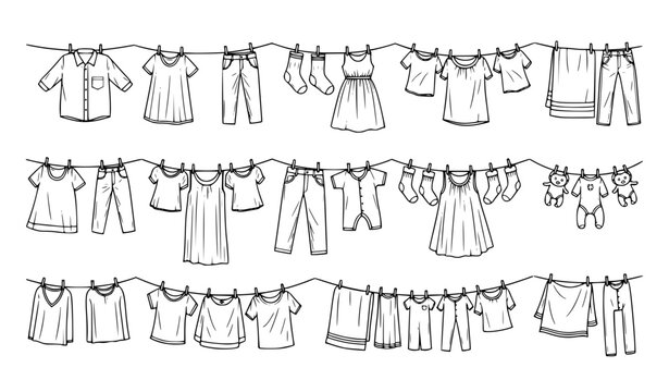 Laundry Clothes Line Icon Set with Hanging Shirts Pants Dresses and Garments for Washing, Drying, Household Chores, and Clean Clothing Concepts