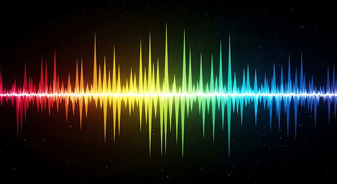 Rainbow sound wave spectrum with glowing peaks against dark starry background equalizer audio