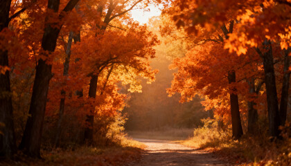 Fototapeta premium autumn forest landscape with warm orange foliage and a better soft sunlight filtering through trees in golden hour with an open path for copy space