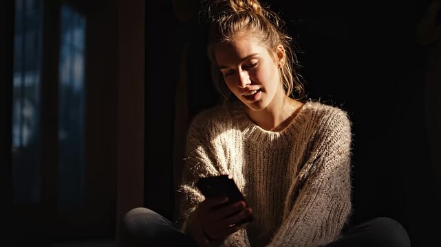Young Woman Sitting on Floor Using Smartphone in Warm Sunlight Coming Through Window