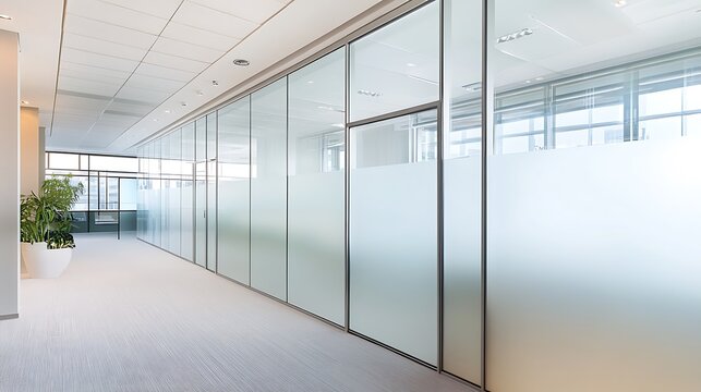 Modern office interior with glass walls and plants