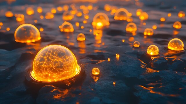 Glowing orange jellyfish swimming in dark water