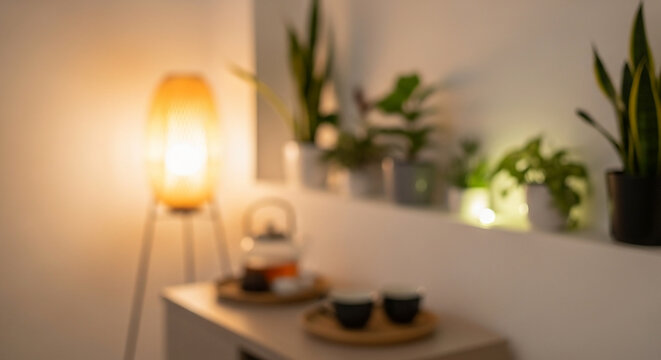 Softly blurred warm home interior provides an inviting background, ideal for an advertising sample, web hero banner, or any message with ample copy space