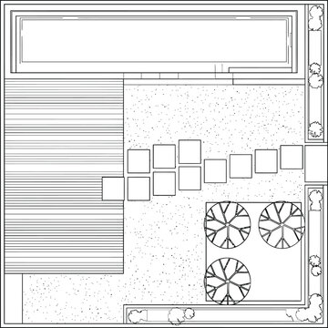 Landscape plan CAD layout with swimming pool, wood deck, patio paving, stepping-stone paths, outdoor table seating and planter borders for terrace plans, courtyard design and site drafting sheets