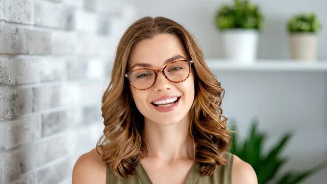 Smiling young woman with glasses and wavy brown hair indoors