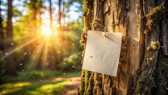A closeup of a blank vertical paper note hanging on a rough tree trunk The note is frayed at the edges and partially torn Surrounding it are small