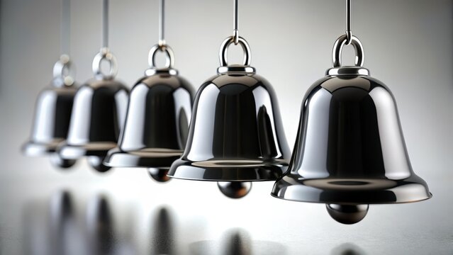 A photo of six simple black notification bells on a white background Modern minimalist design with clean lines and sharp edges Each bell has a subtl