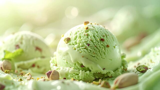 Close-up of scoops of green ice cream with pistachio toppings, with out-of-focus background