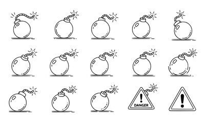 Fototapeta premium Cartoon Bomb Icon Set with Lit Fuse Explosive Symbols and Danger Warning Signs for Safety Alerts, Hazard Labels, Game Design, and Security Concepts