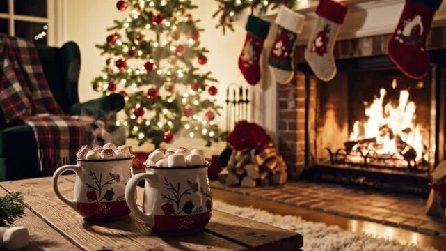 Cozy Christmas Eve with Hot Cocoa by the Fireplace.