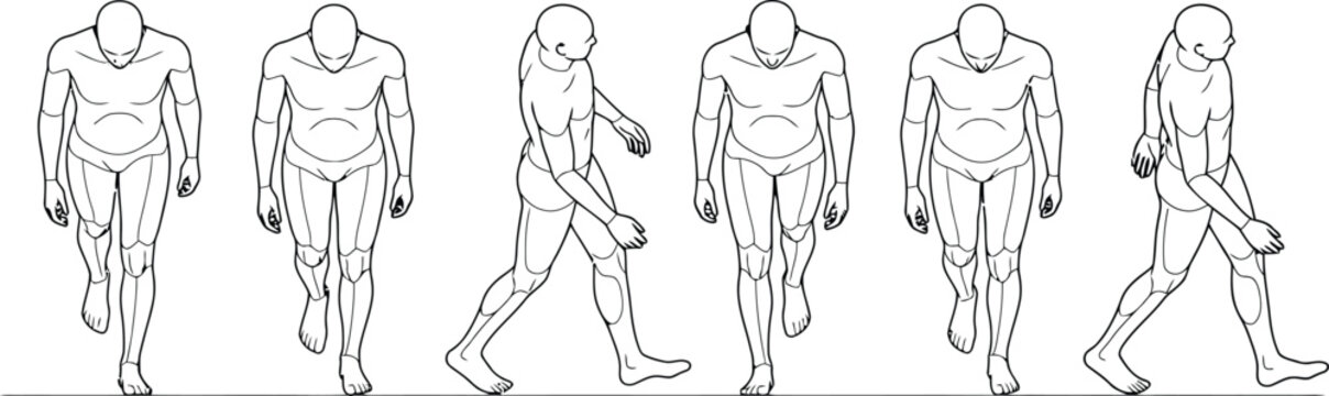 Walking human CAD symbols for architectural plans, pedestrian figure reference blocks showing gait poses for site diagrams, activity flow studies, interior layouts and blueprint drafting sheets
