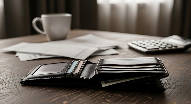 Open leather wallet rests on a wooden desk alongside utility bills and a calculator. Soft side lighting highlights textures in this shallow focus shot. Ideal for personal debt relief advertising.