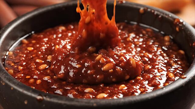 Savoring Spicy Korean Gochujang Sauce with Sesame Seeds in Rustic Bowl with Utensil Close Up