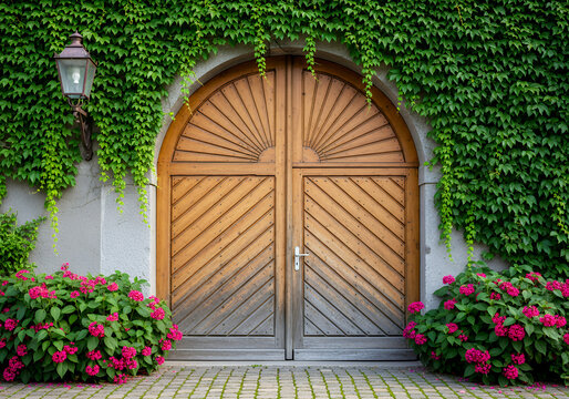 Large wooden arched door covered in green ivy with pink flowers and stone wall wooden door
