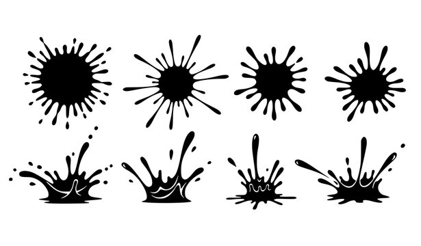 Ink Splash and Paint Splatter Icon Set Featuring Liquid Drops, Abstract Blots, and Artistic Splash Effects for Creative Design, Grunge Textures, and Graphic Projects