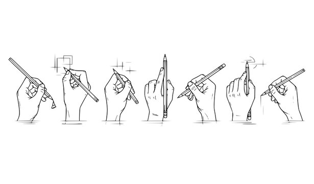 Hand Holding Pencil Icon Set Featuring Writing Techniques, Grip Positions, and Drawing Gestures for Education, Calligraphy, Sketching, and Instructional Design Projects