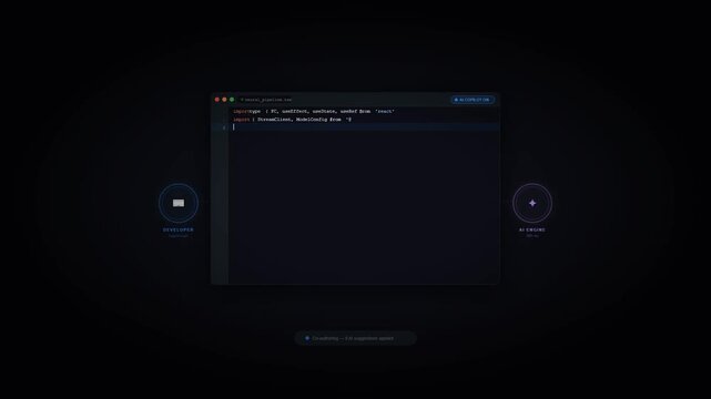 Artificial intelligence copilot code editor with developer programming and pipeline complete on dark background