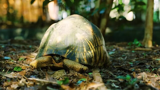 Extreme close up of a Radiated Tortoise (Astrochelys radiata) hidden in its shell. Madagascar Island.