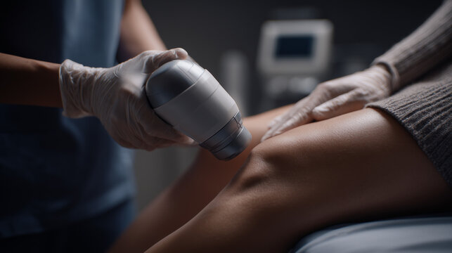 Close up of therapist performing ultrasound treatment on patient knee, representing physiotherapy, rehabilitation, pain relief, healthcare, and medical recovery.