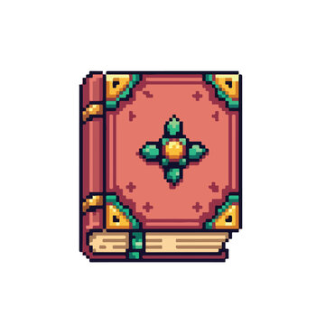 This vector features a detailed pixel art design of an enchanted spellbook, complete with ornate golden corners and a central leaf motif.