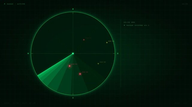 Active radar area scan surveillance with hostile contact detection and threat alert on dark background