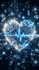 Fototapeta premium Digital heart with ECG waveform and medical technology icons representing health data and innovation.
