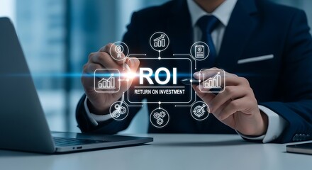 Fototapeta premium ROI return on investment digital interface glowing in front of a businessman at a modern desk. Cinematic lighting highlights the analytics icons. Ideal for corporate banking brochures.