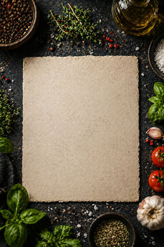 Blank Recipe Paper Mockup with Fresh Ingredients on Dark Background