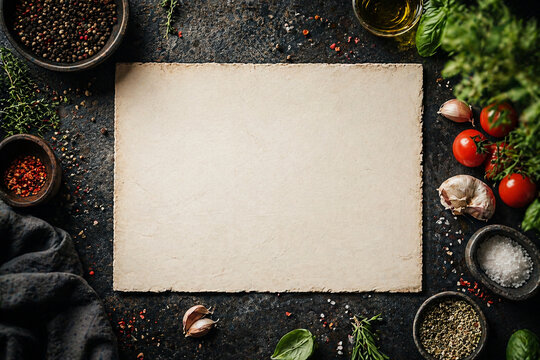 Blank Menu Card Mockup with Kitchen Ingredients on Dark Stone Background