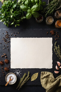 Vertical Recipe Mockup with Fresh Herbs and Spices on Dark Rustic Background