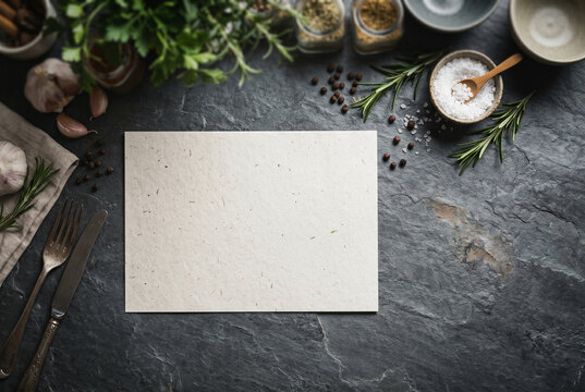Blank Recipe Card Mockup with Herbs and Spices Flat Lay,