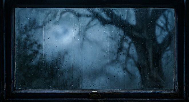 Raindrops on a dark window glass at night with silhouettes of spooky tree branches during a storm