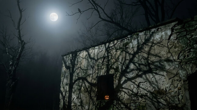 Ruins of an old stone house under a full moon with spooky tree shadows and a glowing Halloween pumpkin in the window