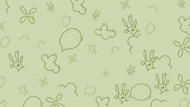 Abstract pattern of green bunnies, clouds, and flowers. Perfect for easter themed designs or childrens products like clothing and stationery.