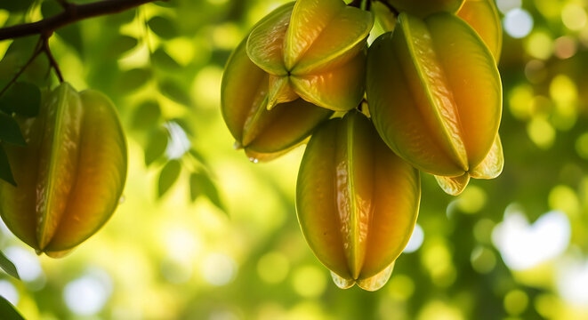 Ripe starfruit cluster hanging from a tree branch with green leaves carambola tropical exotic