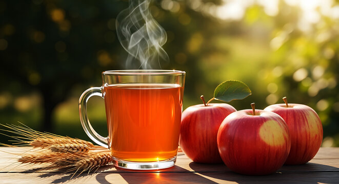 Steaming glass mug of amber liquid beside red apples and wheat stalks autumn beverage brown