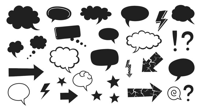 Doodle sketch speech bubble, arrow set. Hand drawn Comic speech bubble , Doodle element for collages, grunge street art design, rock and roll.
