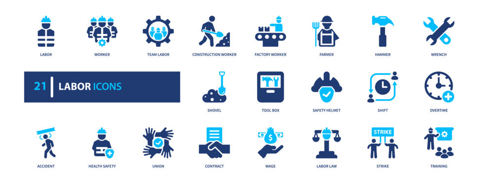 Labor icon set. workforce, industry, job, worker, production. solid style icon collection.