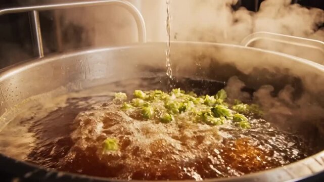 Fresh Hops Dropped Into Boiling Wort In Stainless Kettle, Steam Rising And Amber Wort Churning As Hop Cones Hit Surface, Sizzling Foam Forms, Artisan Brewer Action, Cinematic Closeup, Intense Aromatic
