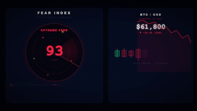 Bitcoin market fear index dashboard with extreme panic sentiment and accumulation zone indicator