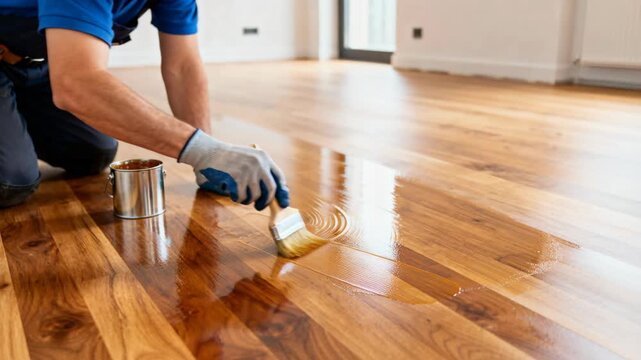 Professional worker applying a shiny protective varnish coating to a wooden floor with a wide brush.