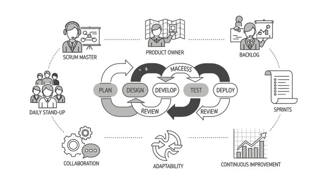 Agile software development workflow diagram illustrating key phases and concepts
