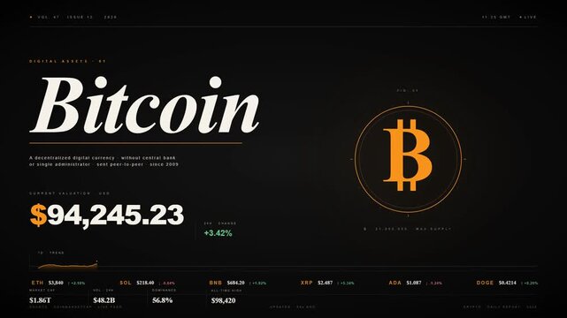 Bitcoin digital asset news magazine layout with cryptocurrency price valuation on dark background