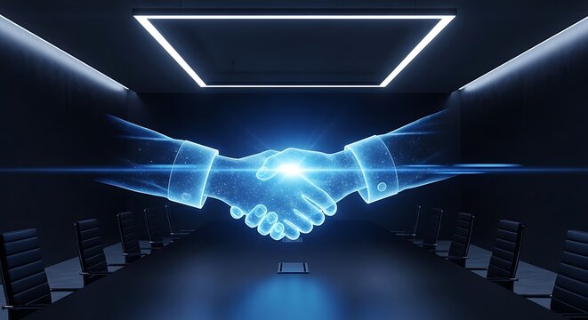 Digital holographic handshake illuminates a dark executive boardroom with luminous blue particles and cinematic lighting. Ideal for high-tech merger announcements and corporate presentations.