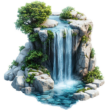 Waterfall, Water, River, Current, Cascade, Cascade, Art, Image for Printing, with White Background, for Stickers, T-shirt Print, Hat, Mug, Flip-flop, Mousepad