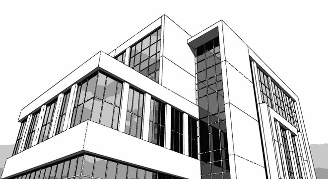 Modern architectural rendering geometric office building with large windows